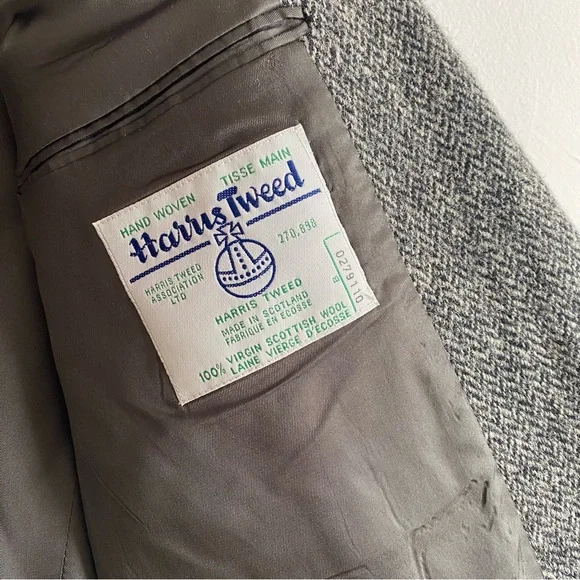 Vintage Harris Tweed Jacket Wool Tweed Grey Herringbone Blazer 42 Long/Tall - Picture 10 of 14